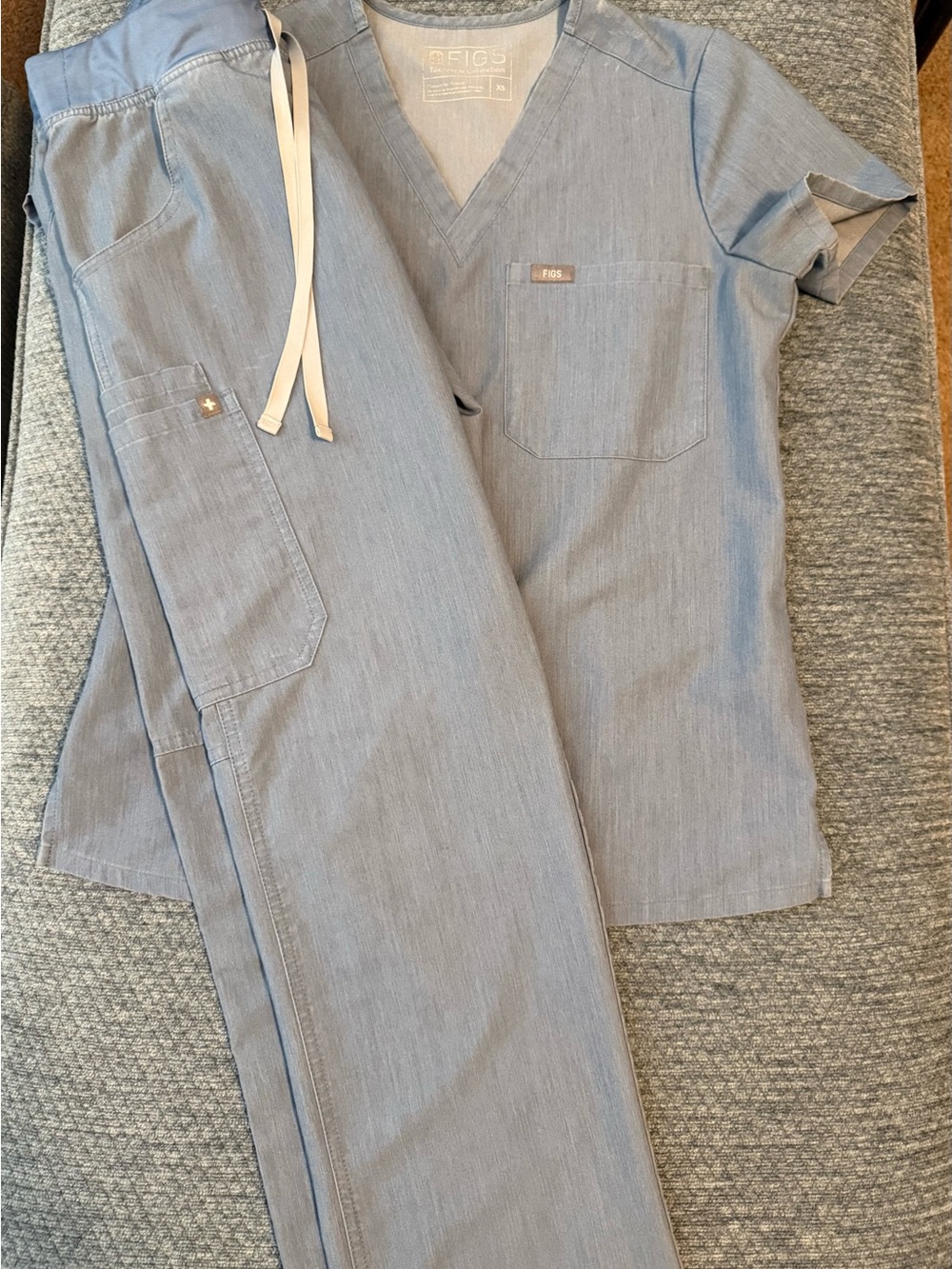 Figs Light Blue Scrub-Style Pajama Set with White Drawstring